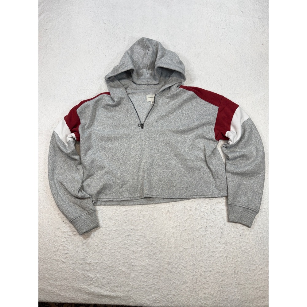 American Eagle Women Medium Gray Quarter Zip Cropped Hoodie Sweatshirt